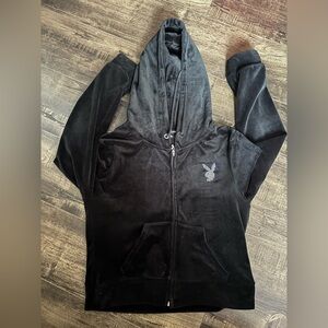 Black Velour Hoodie with Bunny Logo